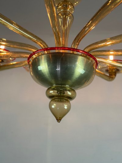 Venezianischer Kronleuchter aus Muranoglas in Mordoré mit rotem Netz, Venini Um 1940