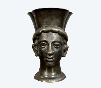 Testa di giovane in bronzo antico patinato, medaglia, XIX secolo