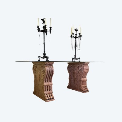 Paire De Socles De Table En Marbre Rouge De Vérone, Italie, XIXème Siècle