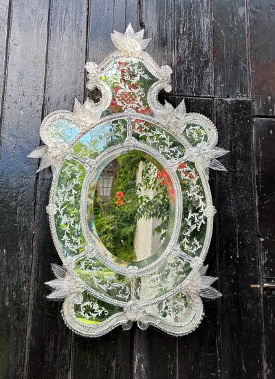 Miroir Vénitien En Verre De Murano Incolore, Vers 1940