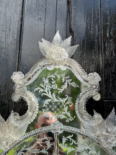 Miroir Vénitien En Verre De Murano Incolore, Vers 1940
