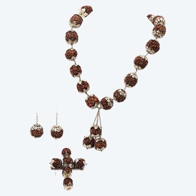 Set di semi di rudraksha in argento a 5 lati, gioielli indiani, induismo, mala