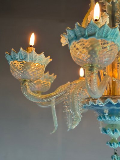 Venetian Chandelier In Murano Glass Two Shades Of Blue, Circa 1940, 8 Light Arms