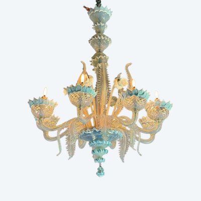 Venetian Chandelier In Murano Glass Two Shades Of Blue, Circa 1940, 8 Light Arms