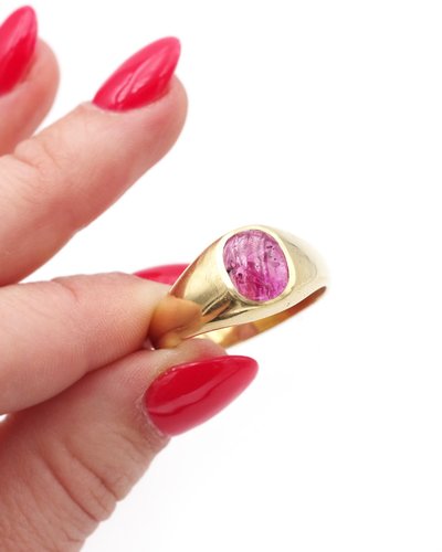Heavy solid gold ruby cabochon band ring in 18k, Retro ruby ring, man ring, gold band 