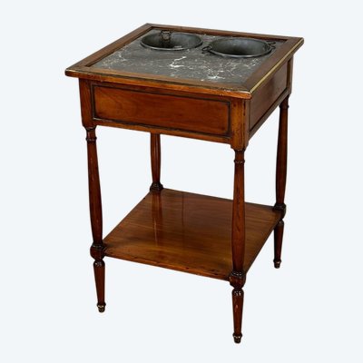 Tavolo da ristoro in mogano, piano in marmo grigio, due secchi di zinco, XVIII secolo