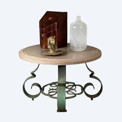Table Basse En Fer Forgé Et Marbre Beige Vers 1930