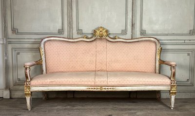 Baroque Style Bench in Gilded and Painted Wood, Italy, 19th Century