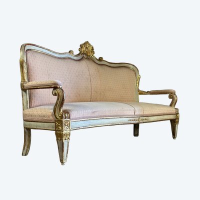 Baroque Style Bench in Gilded and Painted Wood, Italy, 19th Century