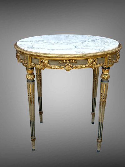 GUERIDON ROND XIXe DE STYLE LOUIS XVI EN BOIS PEINT ET DORÉ AVEC DESSUS MARBRE