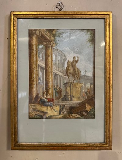 Watercolor on Orchard Paper, Animated Ruins with Equestrian Statue, 18th Century