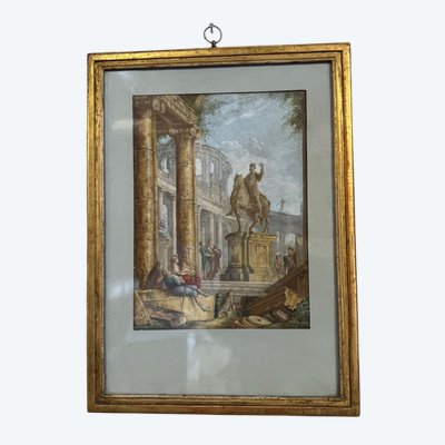 Watercolor on Orchard Paper, Animated Ruins with Equestrian Statue, 18th Century