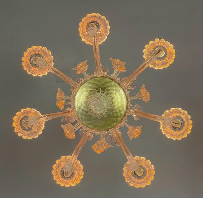 Venetian Chandelier in Gilded Murano Glass, 6 Light Arms Circa 1940
