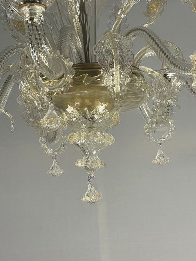 Venetian Chandelier in Gilded Murano Glass, 6 Light Arms Circa 1940