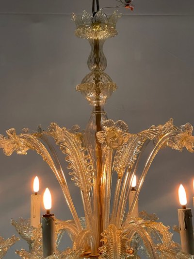 Venetian Chandelier in Gilded Murano Glass, 6 Light Arms Circa 1940