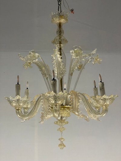 Venetian Chandelier in Gilded Murano Glass, 6 Light Arms Circa 1940