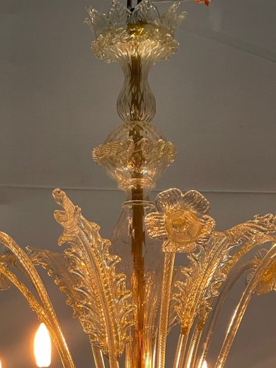 Venetian Chandelier in Gilded Murano Glass, 6 Light Arms Circa 1940
