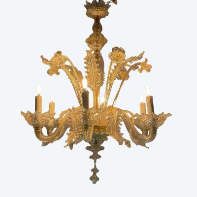 Venetian Chandelier in Gilded Murano Glass, 6 Light Arms Circa 1940