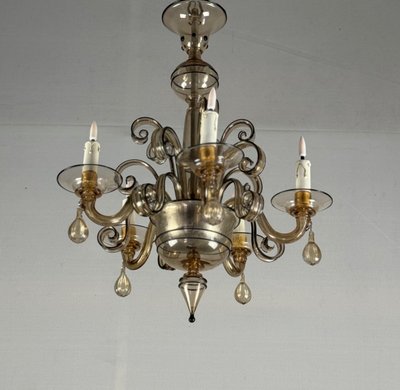 Venetian Chandelier in Golden Murano Glass with Black Trim, Circa 1950