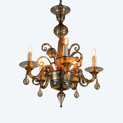 Venetian Chandelier in Golden Murano Glass with Black Trim, Circa 1950