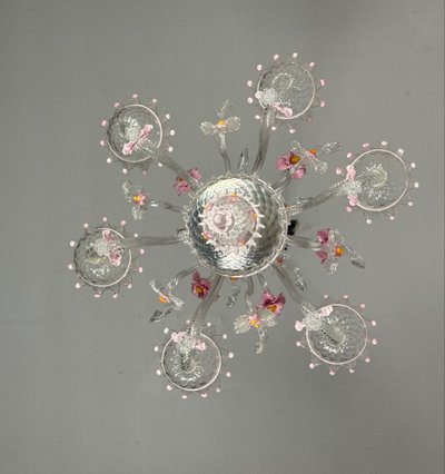 Lampadario veneziano in vetro di Murano incolore e rosa, 6 bracci luminosi, circa 1940