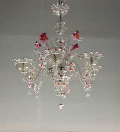 Lampadario veneziano in vetro di Murano incolore e rosa, 6 bracci luminosi, circa 1940