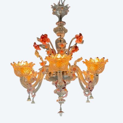 Lampadario veneziano in vetro di Murano incolore e rosa, 6 bracci luminosi, circa 1940