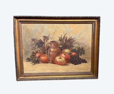 Antique oil painting on canvas still life with fruit 1925, 60x55cm