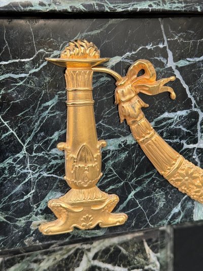 Cheminée De Style Empire En Marbre Vert Antique Et Bronzés Dorés Vers 1880