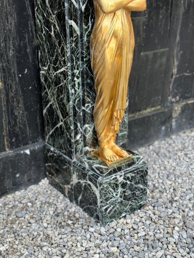 Cheminée De Style Empire En Marbre Vert Antique Et Bronzés Dorés Vers 1880