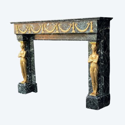 Cheminée De Style Empire En Marbre Vert Antique Et Bronzés Dorés Vers 1880