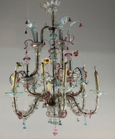 Rezzonico Venetian Chandelier in Multicolored Murano Glass, 12 Light Arms Circa 1900