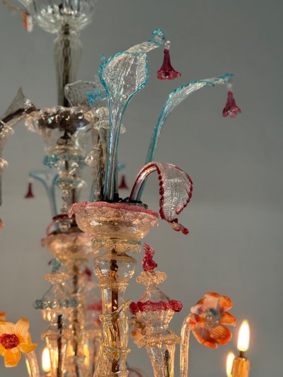Rezzonico Venetian Chandelier in Multicolored Murano Glass, 12 Light Arms Circa 1900
