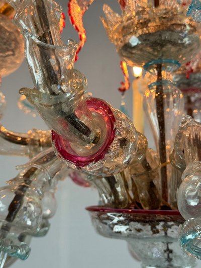 Rezzonico Venetian Chandelier in Multicolored Murano Glass, 12 Light Arms Circa 1900
