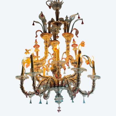 Rezzonico Venetian Chandelier in Multicolored Murano Glass, 12 Light Arms Circa 1900