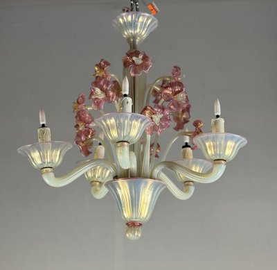 Venetian Chandelier, In Blue And Red Murano Glass, Five Light Arms, About 1950