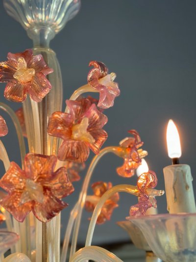 Venetian Chandelier, In Blue And Red Murano Glass, Five Light Arms, About 1950