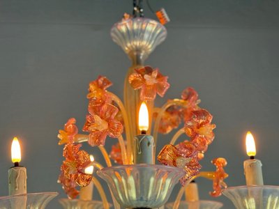 Venetian Chandelier, In Blue And Red Murano Glass, Five Light Arms, About 1950