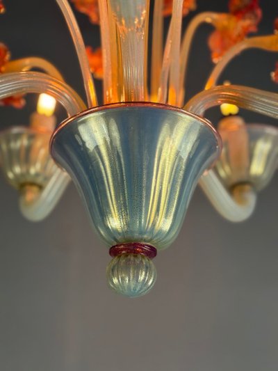 Venetian Chandelier, In Blue And Red Murano Glass, Five Light Arms, About 1950