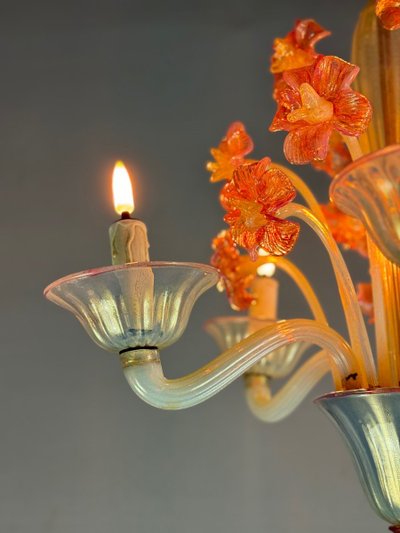 Venetian Chandelier, In Blue And Red Murano Glass, Five Light Arms, About 1950