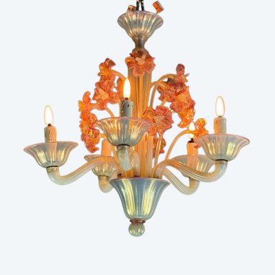 Venetian Chandelier, In Blue And Red Murano Glass, Five Light Arms, About 1950