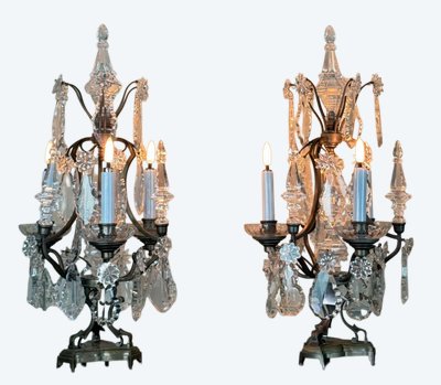 Pair Of Bronze And Cut Crystal Girandoles Circa 1900