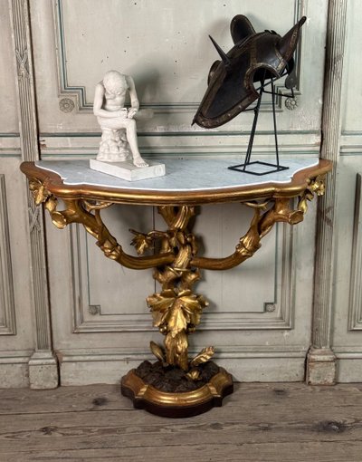 Console En Bois Sculpté Et Doré à L’imitation Du Bois Naturel, Italie Vers 1880
