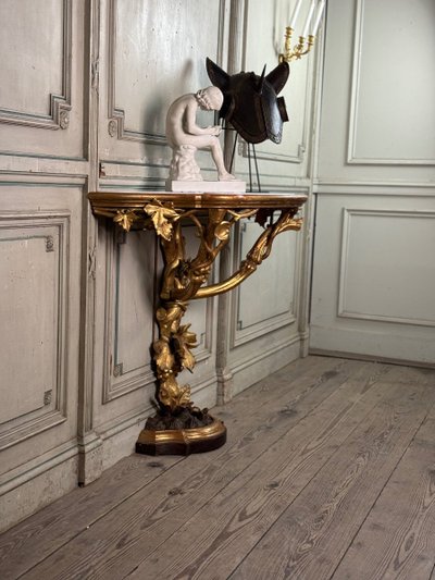 Console En Bois Sculpté Et Doré à L’imitation Du Bois Naturel, Italie Vers 1880