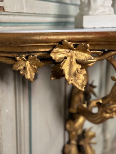 Console En Bois Sculpté Et Doré à L’imitation Du Bois Naturel, Italie Vers 1880