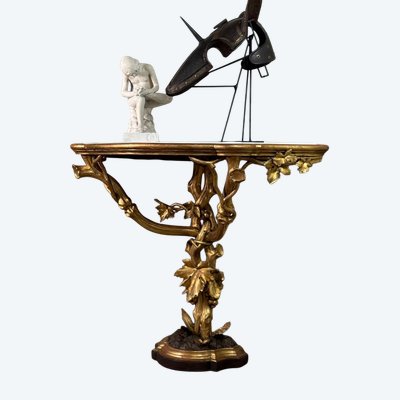 Console En Bois Sculpté Et Doré à L’imitation Du Bois Naturel, Italie Vers 1880