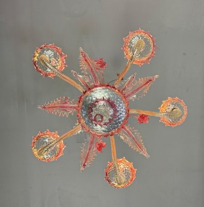 Venetian Chandelier In Colorless And Red Murano Glass 5 Light Arms, Circa 1950