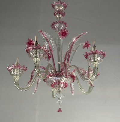 Venetian Chandelier In Colorless And Red Murano Glass 5 Light Arms, Circa 1950