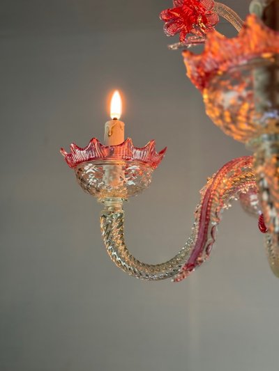 Venetian Chandelier In Colorless And Red Murano Glass 5 Light Arms, Circa 1950