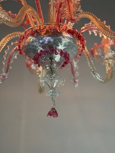 Venetian Chandelier In Colorless And Red Murano Glass 5 Light Arms, Circa 1950